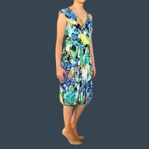 MIDNIGHT VELVET- WOMENS GREEN.BLUE FLORAL MIDI SIDE POCKETS V-NECK DRESS SIZE 10